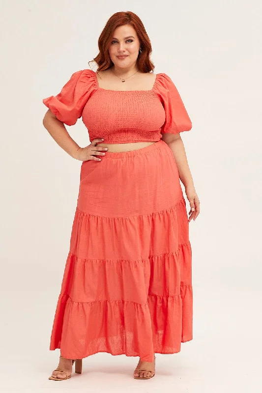 Orange Maxi Skirt High Waist Tiered lace skirt romantic