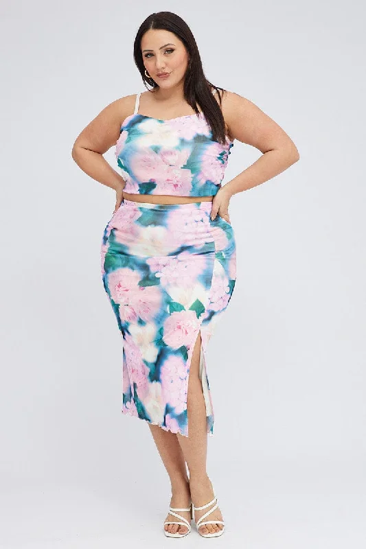 Multi Abstract Midi Skirt Bodycon Side Split slim fit skirt