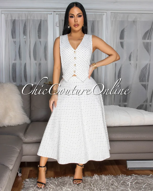 Solata Off-White Black Polka Dots Denim Vest & Skirt Set mini skirt trendy