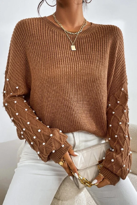 Beaded Drop Shoulder Round Neck Sweater Sequined Glittery Shiny