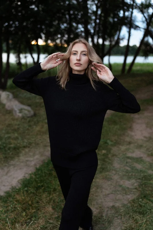Merino Wool Turtleneck Sweater Black Hooded Caped Shawl Collar