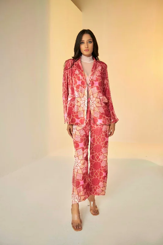Rust- Bukhara Velvet Jacket And Pants Set Casual Skinny Fit Pants