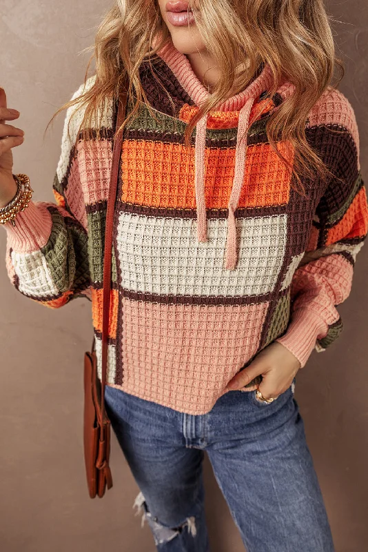 Color Block Waffle Knit Drawstring Mock Neck Sweater Machine Wash Dry Clean Hand Wash