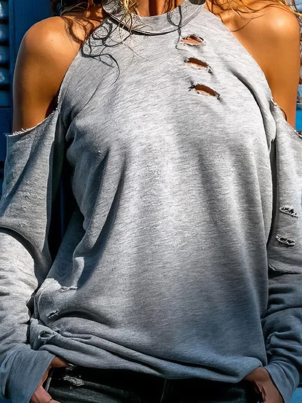 Open Shoulder Distressed Knit Sweater Glossy Satin Silk