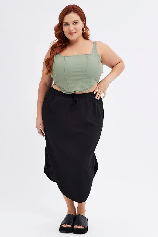 Black Maxi Skirt Elastic Waist Curve Hem cashmere skirt rich