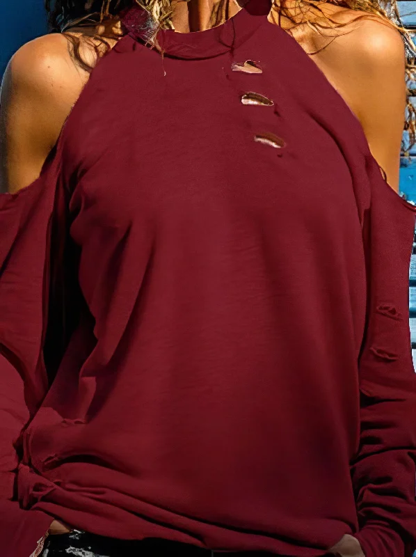 Edgy Open Shoulder Sweater Mesh Blend Leather Blend Suede Blend