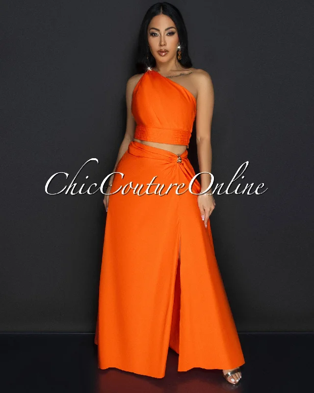 Ceci Orange Gold Accent Top & Skirt Two Piece Set zip skirt side