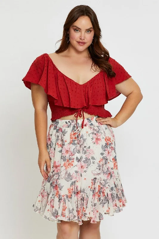 Floral Print Mini Wrap Skirt Ruffle Hem vintage skirt charm