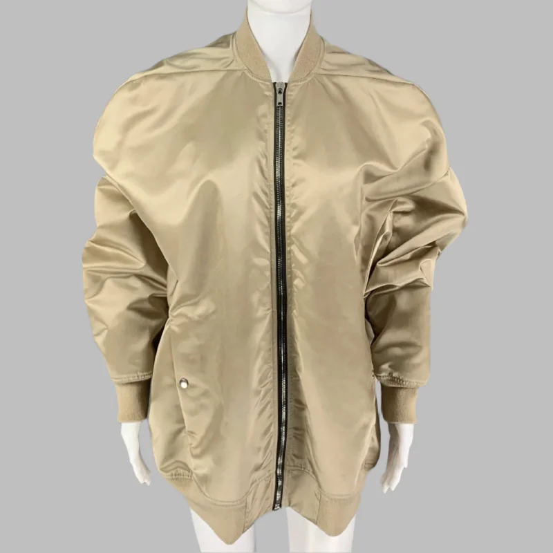 RICK OWENS Size 4 Shiny Sage Natural Jumbo Peter Flight Jacket Ribbed Jacket Pleated Jacket Ruffled Jacket RICK OWENS Size 4 Shiny Sage Natural Jumbo Peter Flight Jacket Ribbed Jacket Pleated Jacket Ruffled Jacket