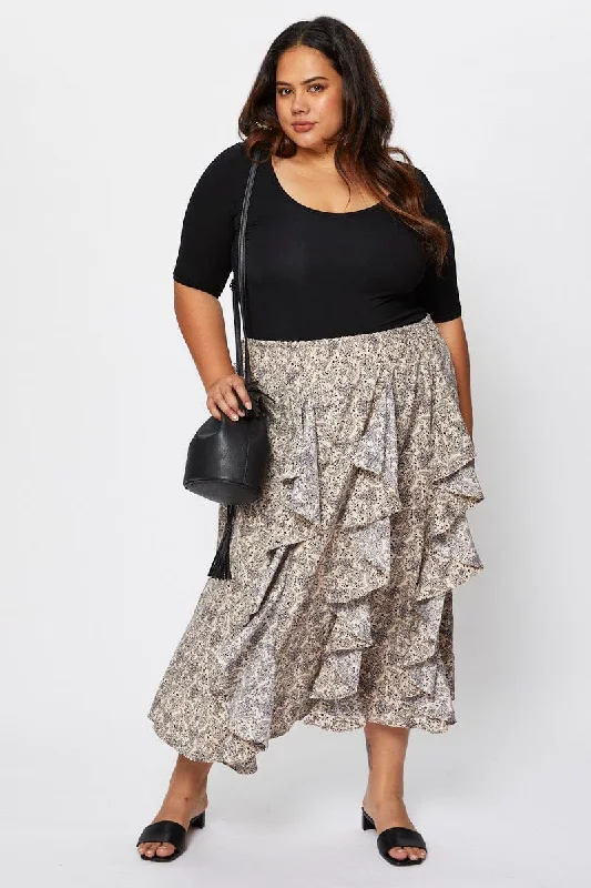 Floral Print Midi Skirt Ruffle Hem velvet skirt glossy