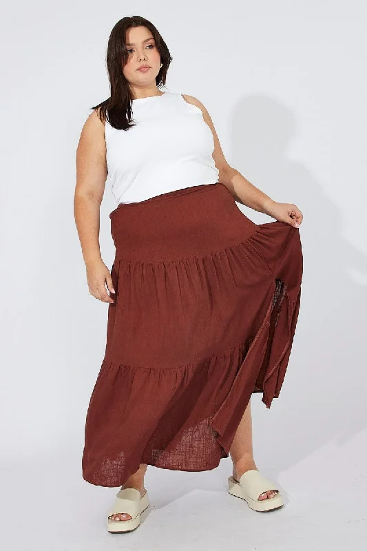 Brown Maxi Skirt Linen Blend Split a-line skirt cut