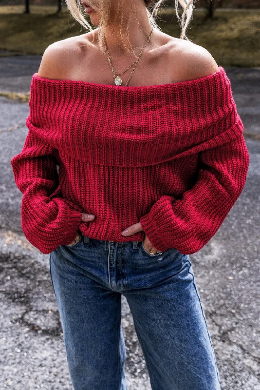 Racing Red Off-the-shoulder Knit Sweater Terry Terry Cloth Terry Knit