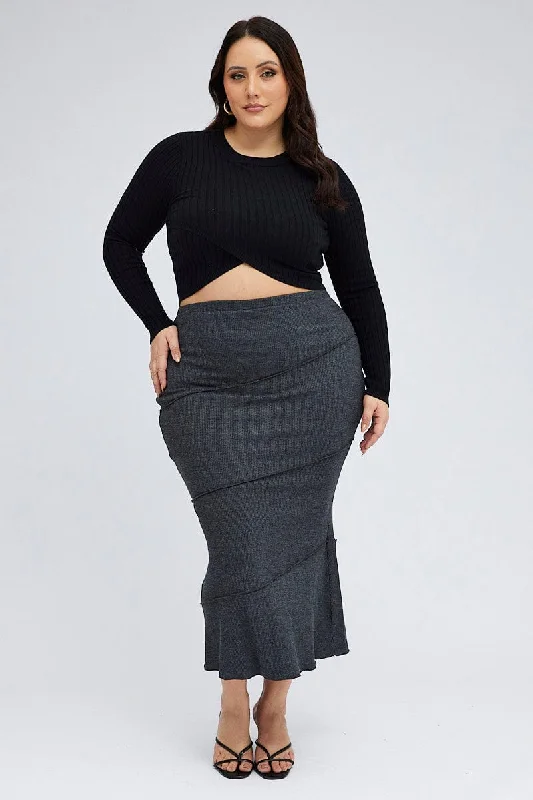 Grey Maxi Skirt Asymmetrical Rib velvet skirt plush