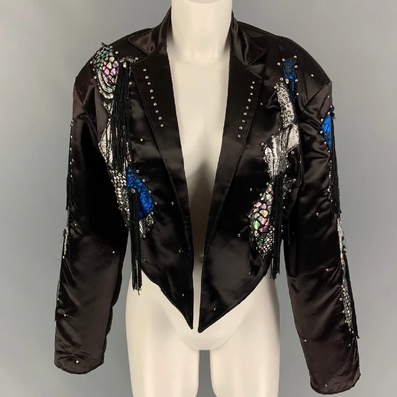 CHARLES HILL ROTH Size M Black Polyester Applique Cropped Jacket Hooded Jacket Caped Jacket Shawl Collar Jacket CHARLES HILL ROTH Size M Black Polyester Applique Cropped Jacket Hooded Jacket Caped Jacket Shawl Collar Jacket
