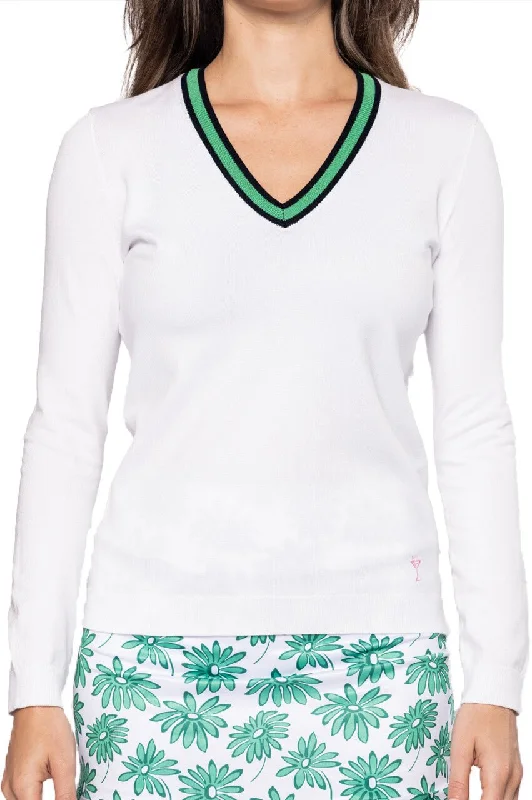 White/Kelly Green Stretch V-Neck Sweater Bright Pastel Dark