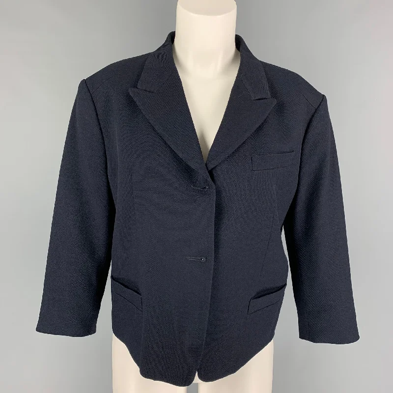 DRIES VAN NOTEN Size 8 Navy Wool Blend Peak Lapel Jacket Belted Jacket Elasticated Jacket Padded Jacket DRIES VAN NOTEN Size 8 Navy Wool Blend Peak Lapel Jacket Belted Jacket Elasticated Jacket Padded Jacket
