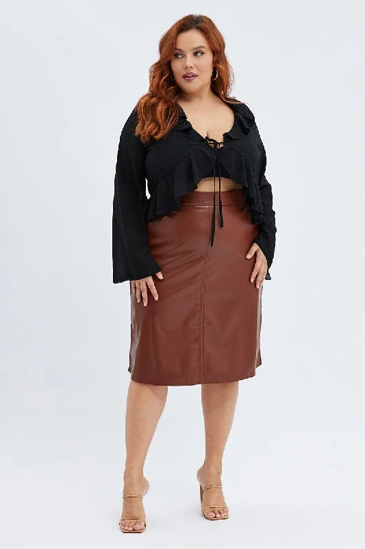 Brown Midi Skirt Faux Leather Flare velvet skirt luxurious