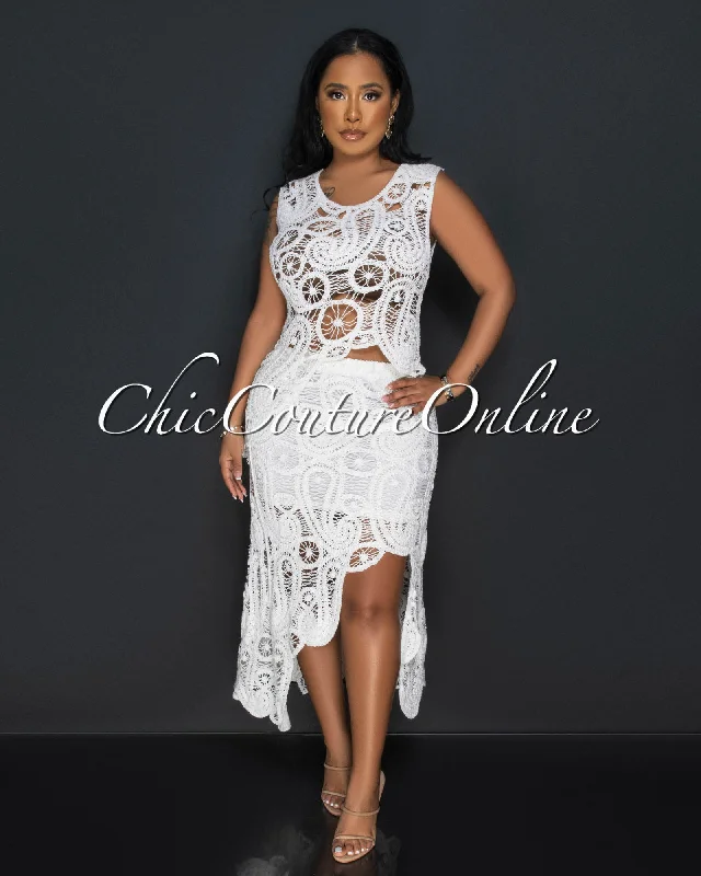 Selma Off-White Crochet Uneven Top & Skirt Set tulle skirt dreamy