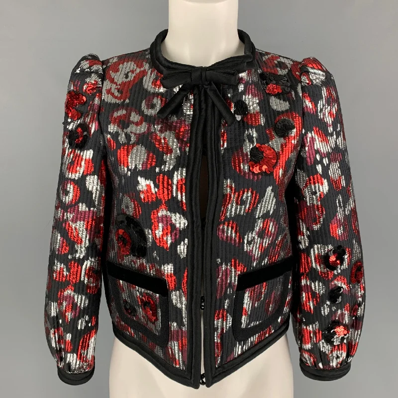 MARC JACOBS Size 2 Black Silver Burgundy Jacquard Jacket V-Neck Jacket Boat Neck Jacket Square Neck Jacket MARC JACOBS Size 2 Black Silver Burgundy Jacquard Jacket V-Neck Jacket Boat Neck Jacket Square Neck Jacket