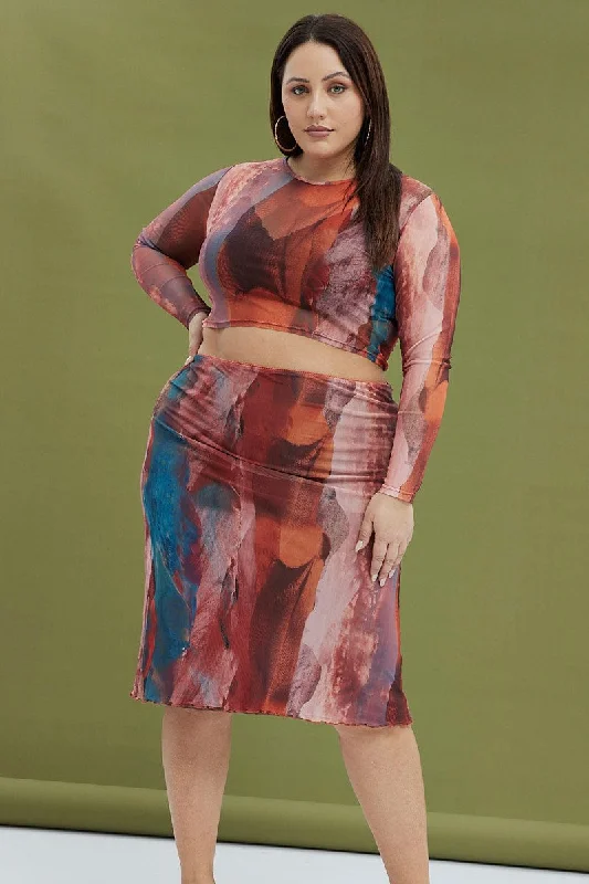 Multi Abstract Midi Skirt Mesh Landscape wool skirt breathable