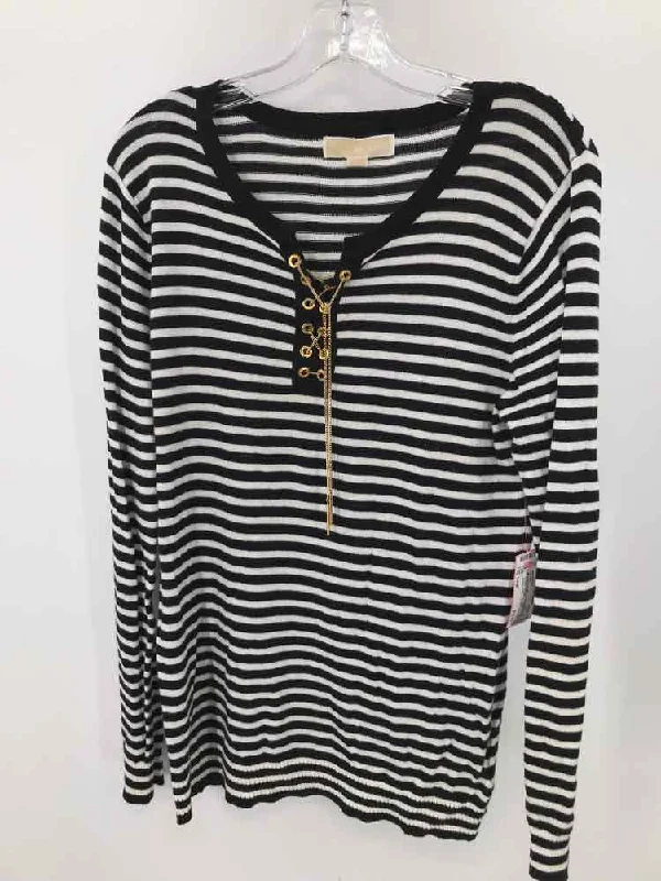 Pre-Owned Michael Kors Black Size Large Stripe Sweater Welt Pockets Slit Pockets Flap Pockets Pre-Owned Michael Kors Black Size Large Stripe Sweater Welt Pockets Slit Pockets Flap Pockets