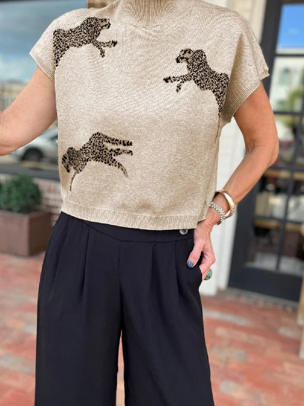 Apricot Cheetah Print High Neck Short Sleeve Sweater - Southern Belle Style Front Pockets Side Pockets Patch Pockets Apricot Cheetah Print High Neck Short Sleeve Sweater - Southern Belle Style Front Pockets Side Pockets Patch Pockets