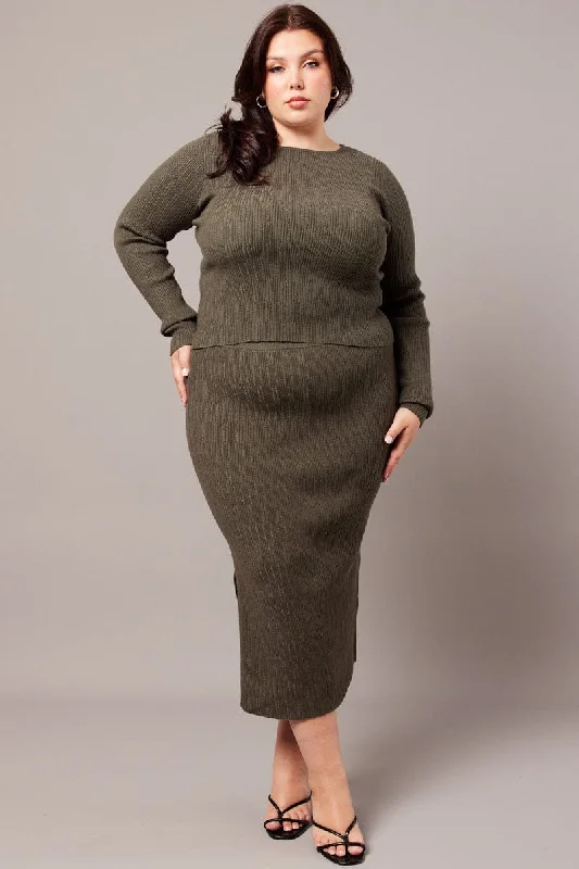 Green Rib Knit Midaxi Bodycon Skirt lace skirt romantic