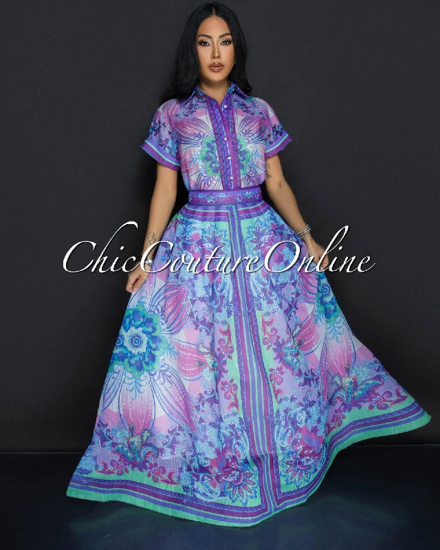 Aramis Purple Multi-Color Flower Top & Maxi Skirt Set high waist skirt