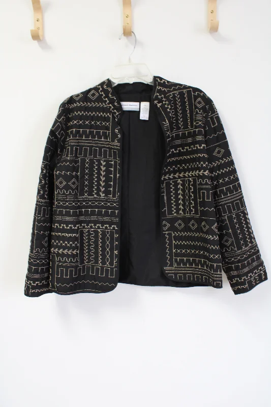 Alfred Dunner Black Gold Embroidered Light Jacket | 12 Petite Cotton Fabric Linen Fabric Terry Fabric Alfred Dunner Black Gold Embroidered Light Jacket | 12 Petite Cotton Fabric Linen Fabric Terry Fabric