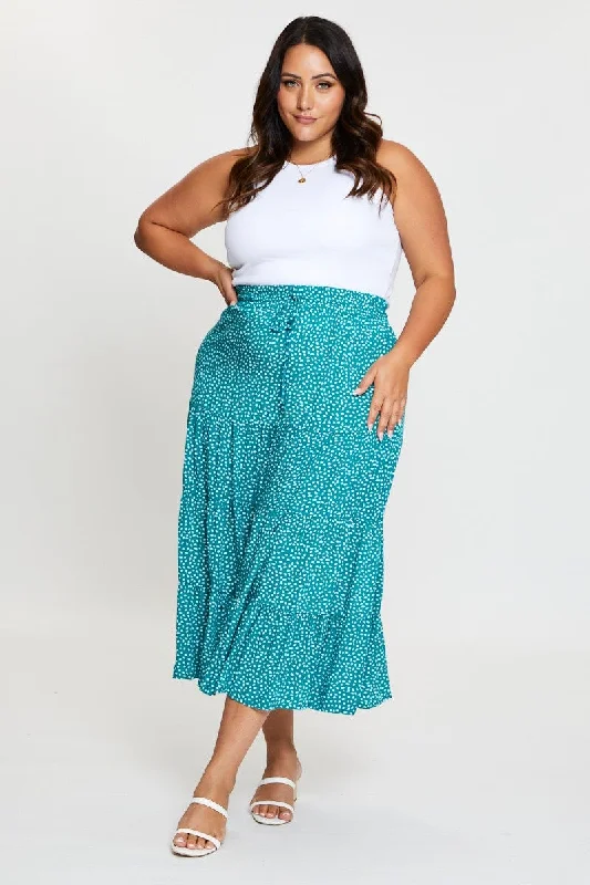 Geo Print Midi Skirt Elastic Waist silk skirt sleek