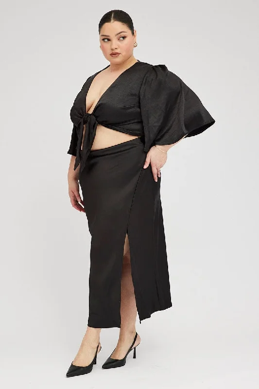 Black Midi Skirt Satin Split Flare boho skirt vibe