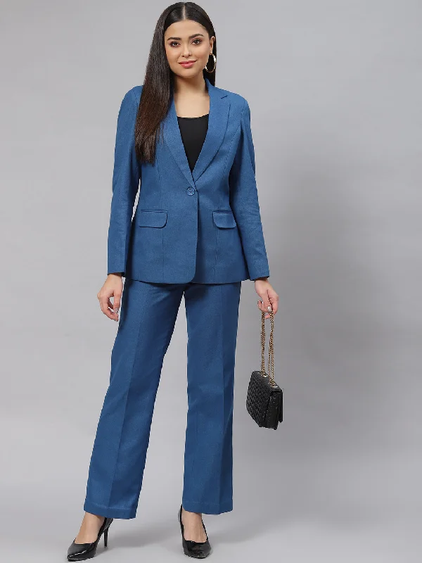Warm Tweed Pantsuit - Teal Blue Trendy Palazzo Pants