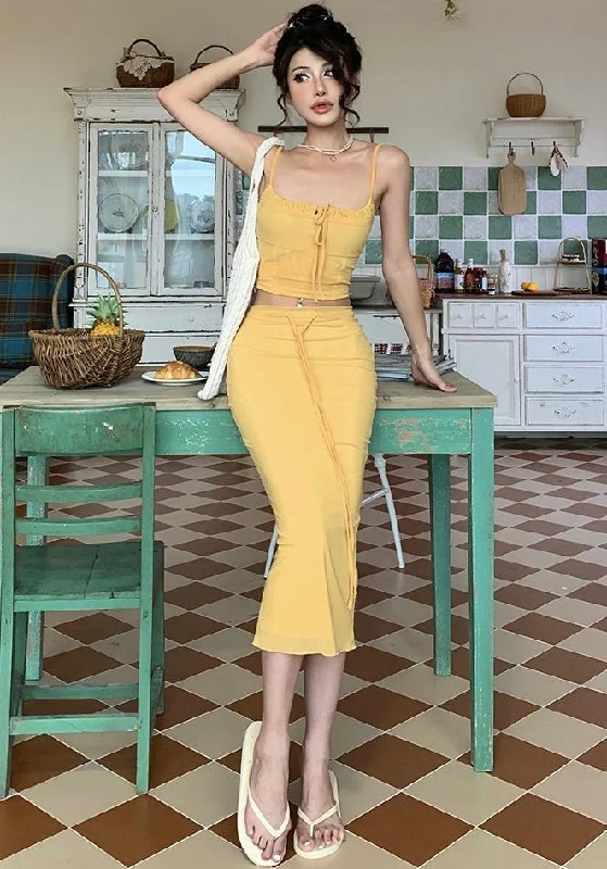 Lesly Solid Color Yellow Spaghetti Strap Slim Cropped Top + High Waist Slim Midi Skirt Matching Set linen skirt breathable
