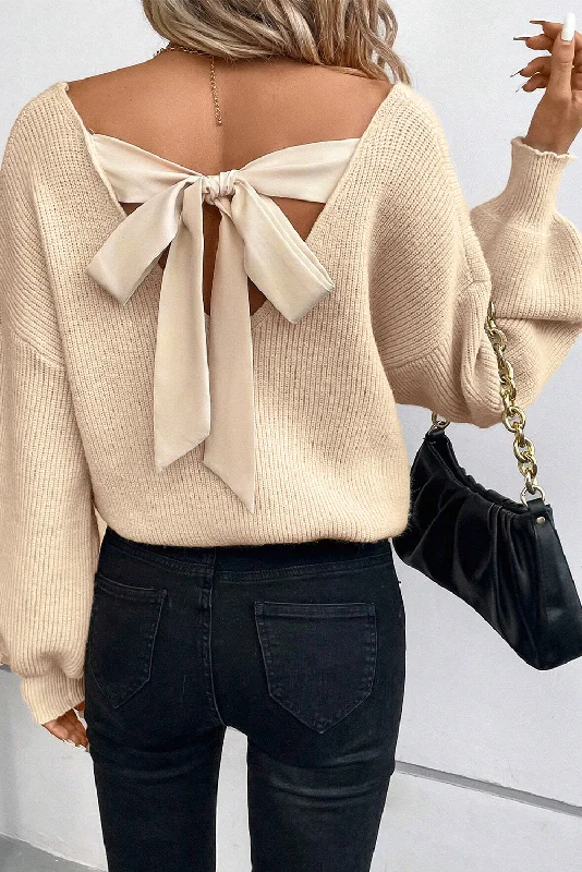 Lantern Sleeve V Neck Knot Back Sweater Plaid Sweater Polka Dot Checkered