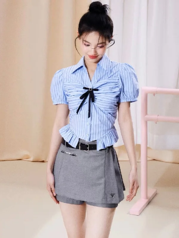 Jennie Blue Stripe Short Sleeve Bow Silver Brooch Button Up Top + Solid Color High Waist Pleated Mini Skirt Cute Matching Set chiffon skirt floaty Jennie Blue Stripe Short Sleeve Bow Silver Brooch Button Up Top + Solid Color High Waist Pleated Mini Skirt Cute Matching Set chiffon skirt floaty