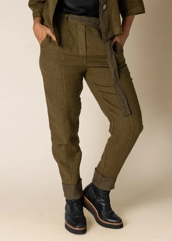 Helena Linen Pants in Green Olive Classic Pleated Pants