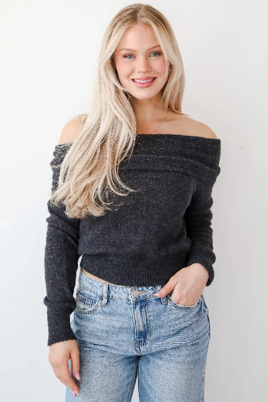 FINAL SALE - Dazzling Coziness Charcoal Off-The-Shoulder Sweater - DOORBUSTER Chenille Blend Fleece Blend Nylon Blend