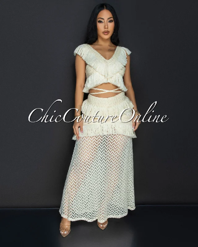 Lloyda Ivory Crochet Top & Maxi Skirt Set low waist skirt