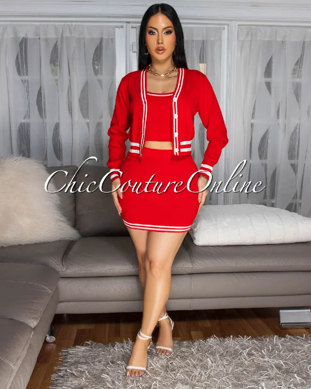 Femme Red White Trim 3 Piece Skirt Set leather skirt bold