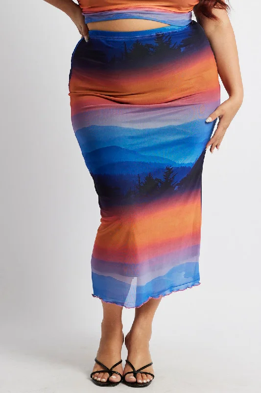 Multi Abstract Mesh Bodycon Landscape Skirt linen skirt natural