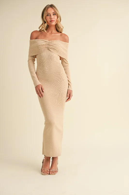 Off Shoulder Sweater Maxi Dress Real Fur Shearling Chenille