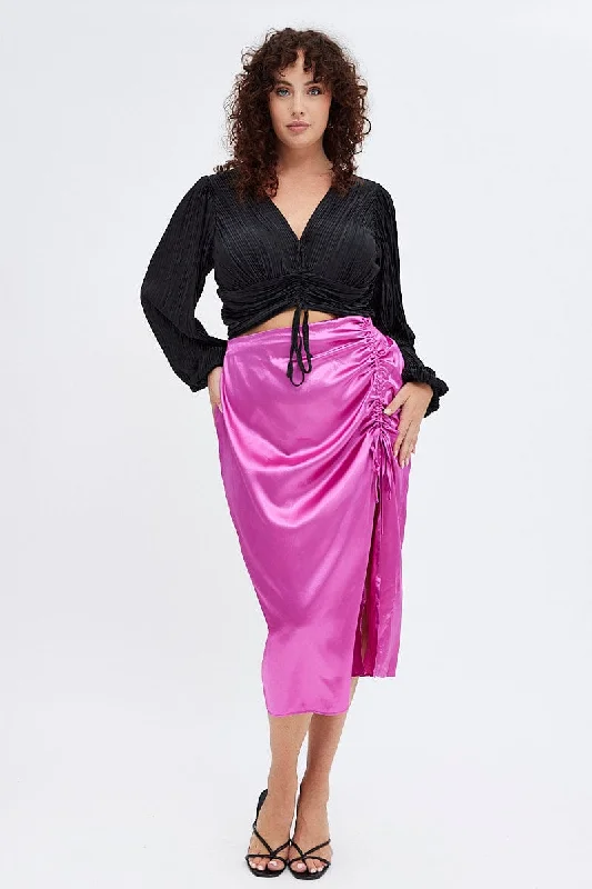Pink Midi Skirt Drawstring Satin Split asymmetrical skirt cut