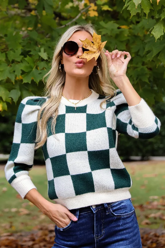 FINAL SALE - Cozy Excellence Green Checkered Sweater Chenille Brocade Lace