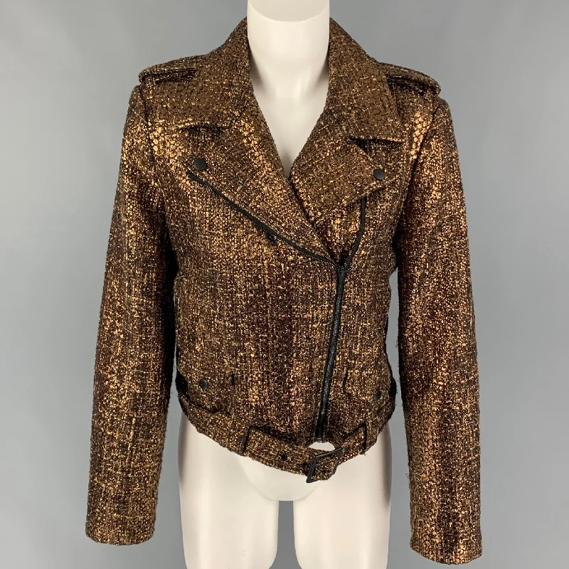 ALICE + OLIVIA Size 8 Gold Black Polyester Blend Textured Jacket Collared Jacket Crew Neck Jacket Turtle Neck Jacket ALICE + OLIVIA Size 8 Gold Black Polyester Blend Textured Jacket Collared Jacket Crew Neck Jacket Turtle Neck Jacket