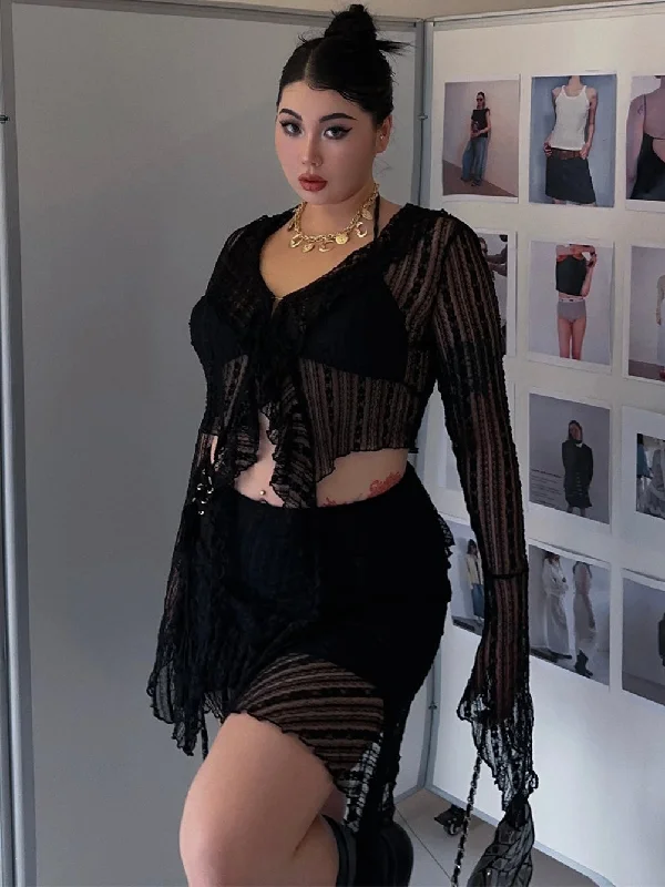 Kiara Plus Size Solid Color Sheer Plus Size V-neck Tulle Long Sleeve Cropped Top + High Waist Sheer Mini Skirt Matching Set corduroy skirt cozy