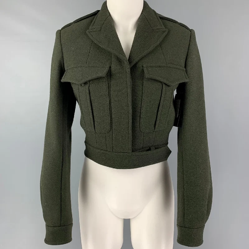 SAINT LAURENT Size 4 Dark Green Wool Cropped Military Jacket Herringbone Jacket Houndstooth Jacket Plaid Jacket SAINT LAURENT Size 4 Dark Green Wool Cropped Military Jacket Herringbone Jacket Houndstooth Jacket Plaid Jacket