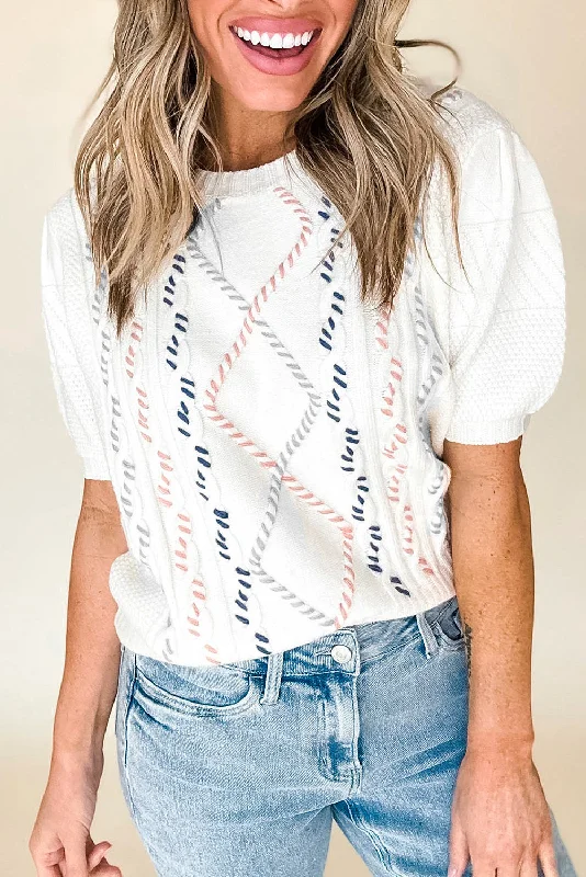 Cable Knit Short Sleeve Sweater Notch Collar Peter Pan Collar Cowl Neck