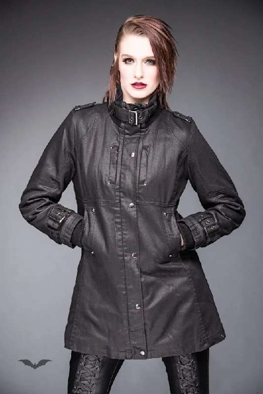 Queen of Darkness - Jacket with Buckle On Collar and Sleeves Collared Jacket Crew Neck Jacket Turtle Neck Jacket Queen of Darkness - Jacket with Buckle On Collar and Sleeves Collared Jacket Crew Neck Jacket Turtle Neck Jacket