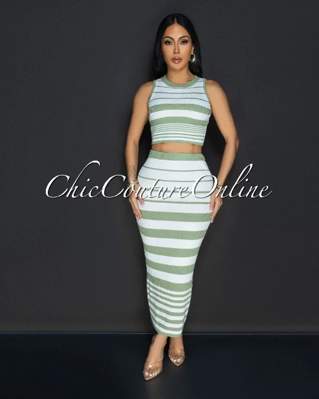 Evaline White Green Stripes Top & Midi Skirt Set slim fit skirt