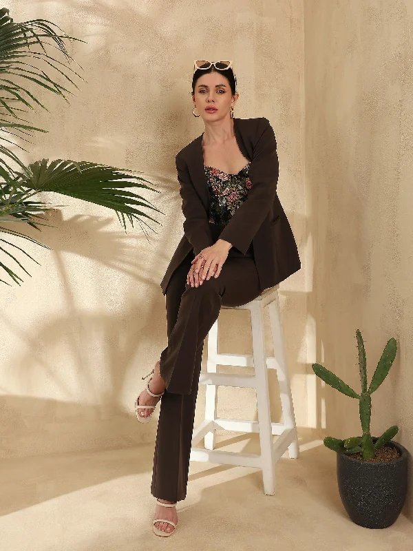 Lapel less Stretch Pant Suit- Chocolate Brown Classic Flared Pants